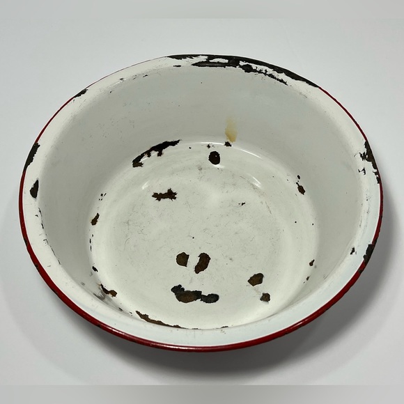 Porcelain Enamelware White Red Rim Farmhouse Bowl Basin Pan Dish MCM Vintage - Picture 7 of 12
